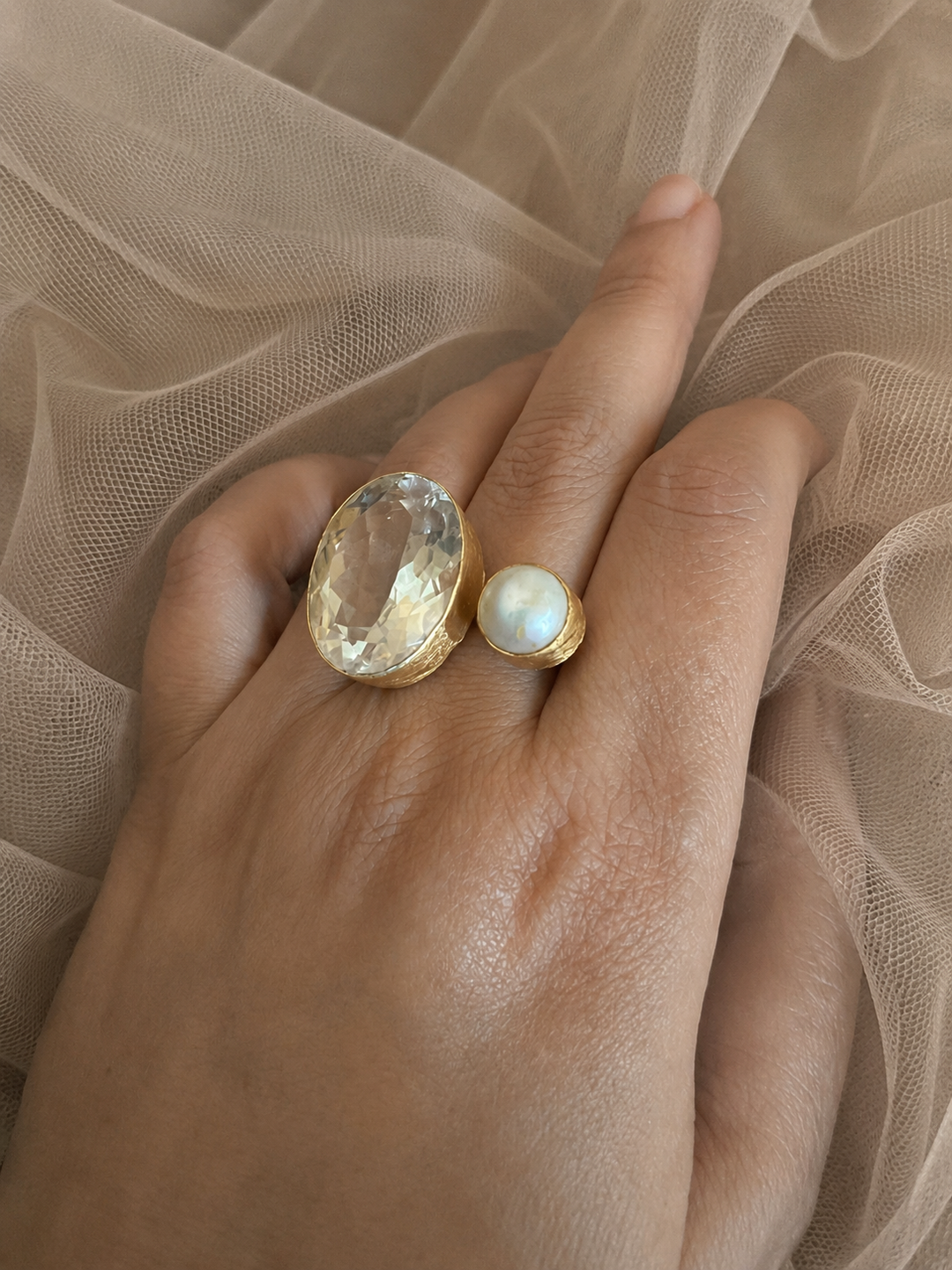 Quartz Crystal & Pearl Designer Ring | US Size 7 | Gold-Plated Statement Ring by SHIVKA