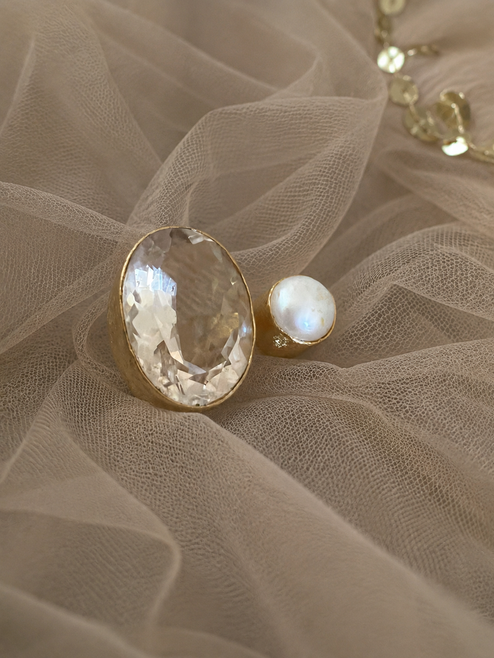 Quartz Crystal & Pearl Designer Ring | US Size 7 | Gold-Plated Statement Ring by SHIVKA