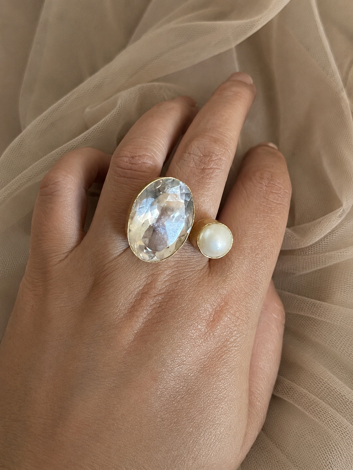 Quartz Crystal & Pearl Designer Ring | US Size 7 | Gold-Plated Statement Ring by SHIVKA