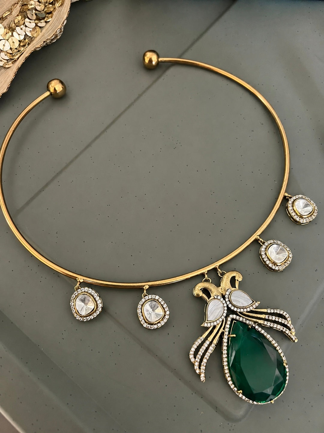 Green Quartz Teardrop Hasli Necklace Set, CZ Pave Peacock Motif Collar Choker Set
