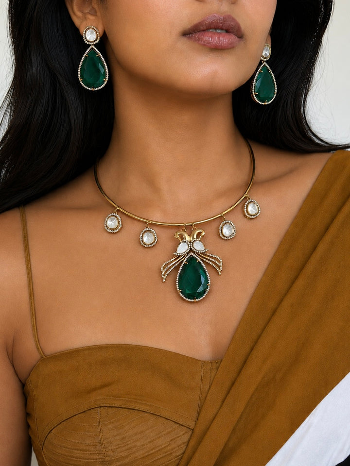 Green Quartz Teardrop Hasli Necklace Set, CZ Pave Peacock Motif Collar Choker Set