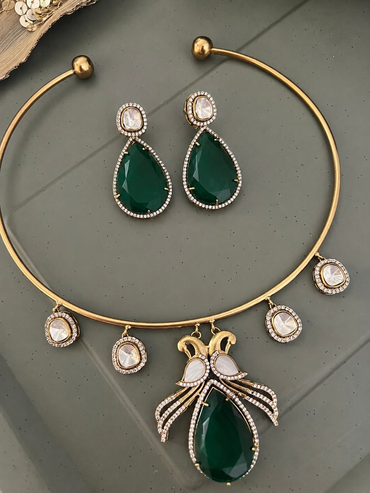 Green Quartz Teardrop Hasli Necklace Set, CZ Pave Peacock Motif Collar Choker Set
