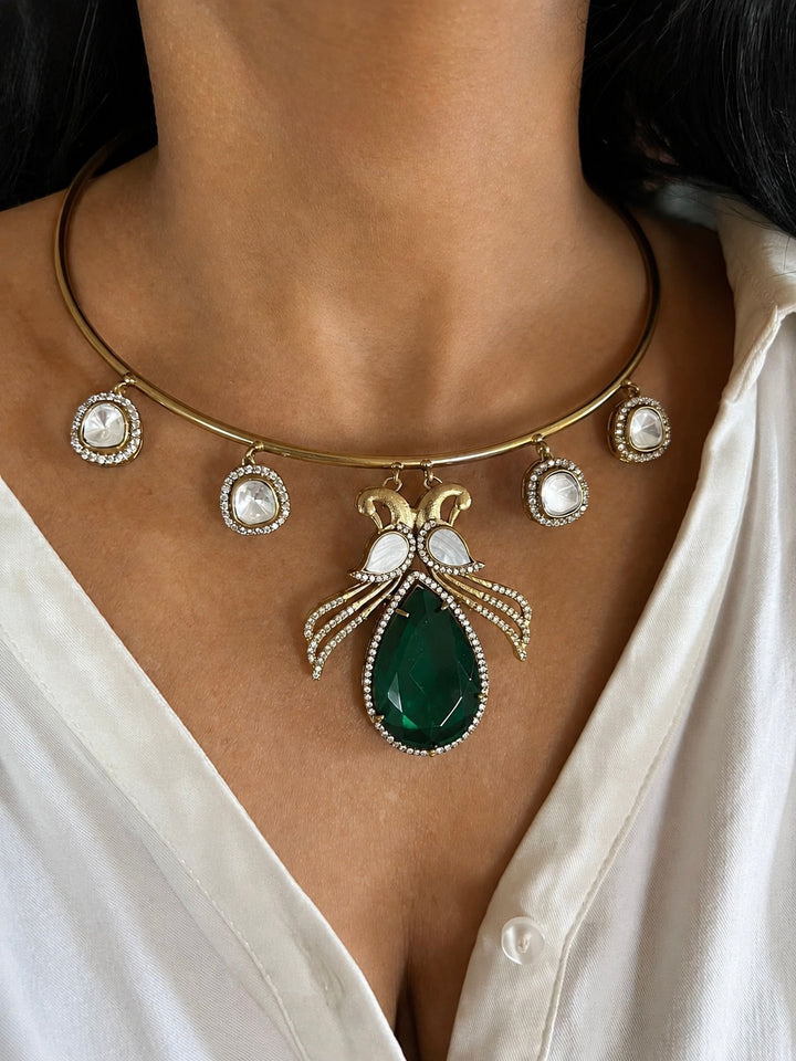 Green Quartz Teardrop Hasli Necklace Set, CZ Pave Peacock Motif Collar Choker Set