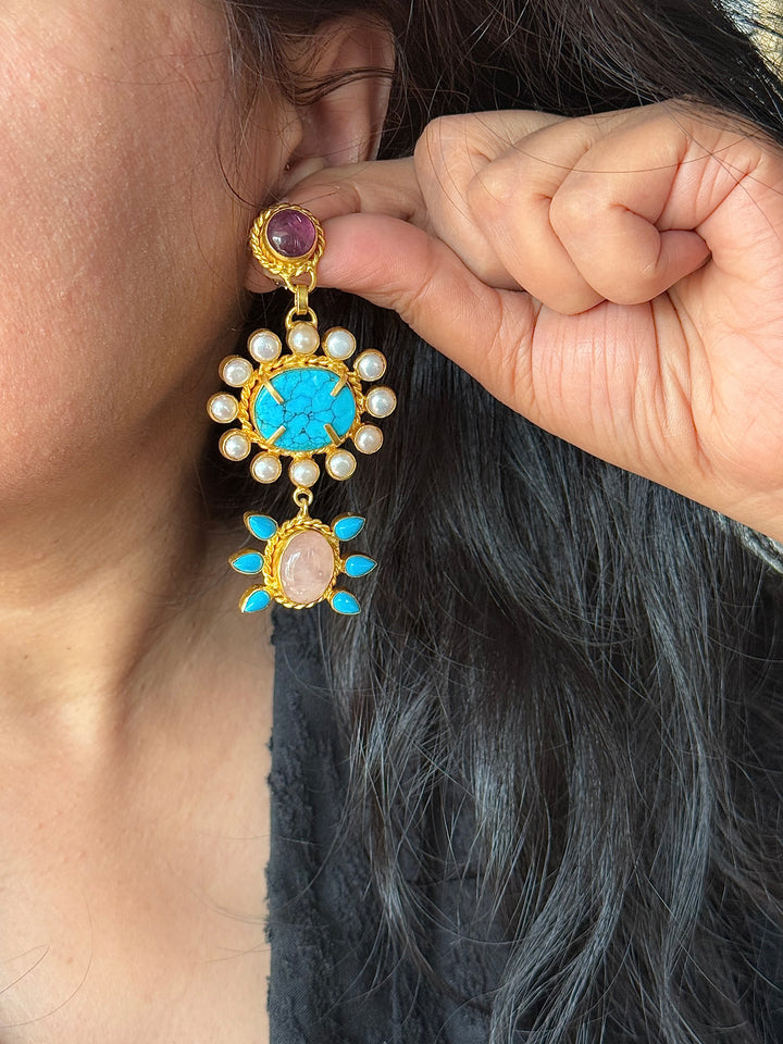Natural Gemstone Statement Earrings | SHIVKA | Gold Polish | Rose Quartz & Pearls