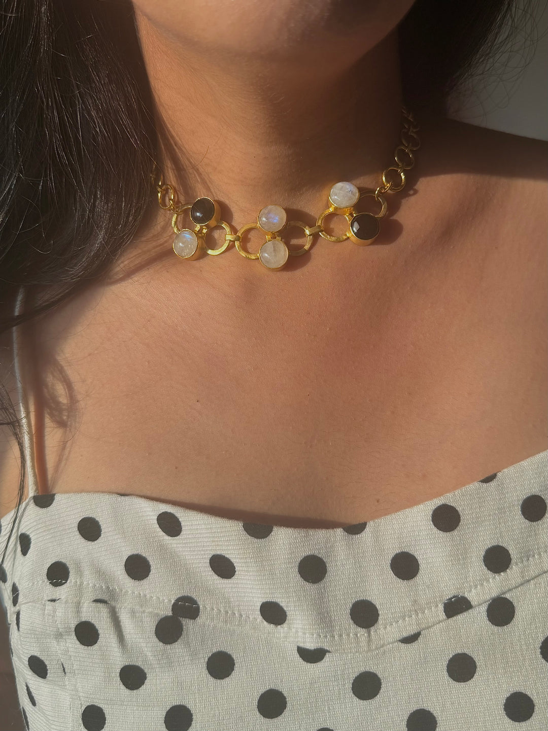 Handmade Moonstone & Black Onyx Statement Necklace | Gold Polish Brass Adjustable Necklace by SHIVKA