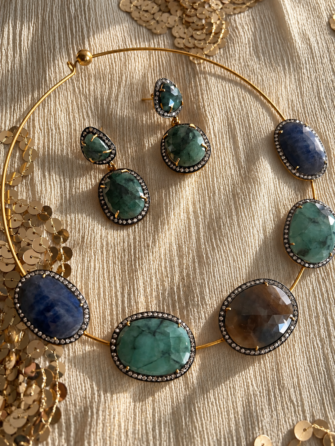 Antique Gold Multi-Sapphire 925 Silver Hasli Set