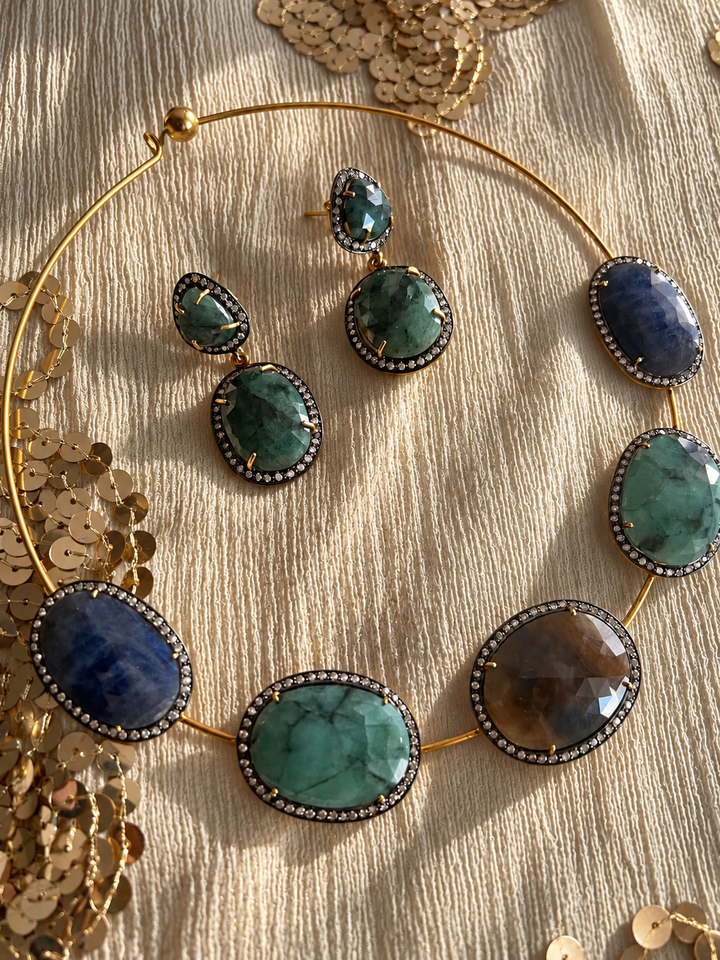 Antique Gold Multi-Sapphire 925 Silver Hasli Set