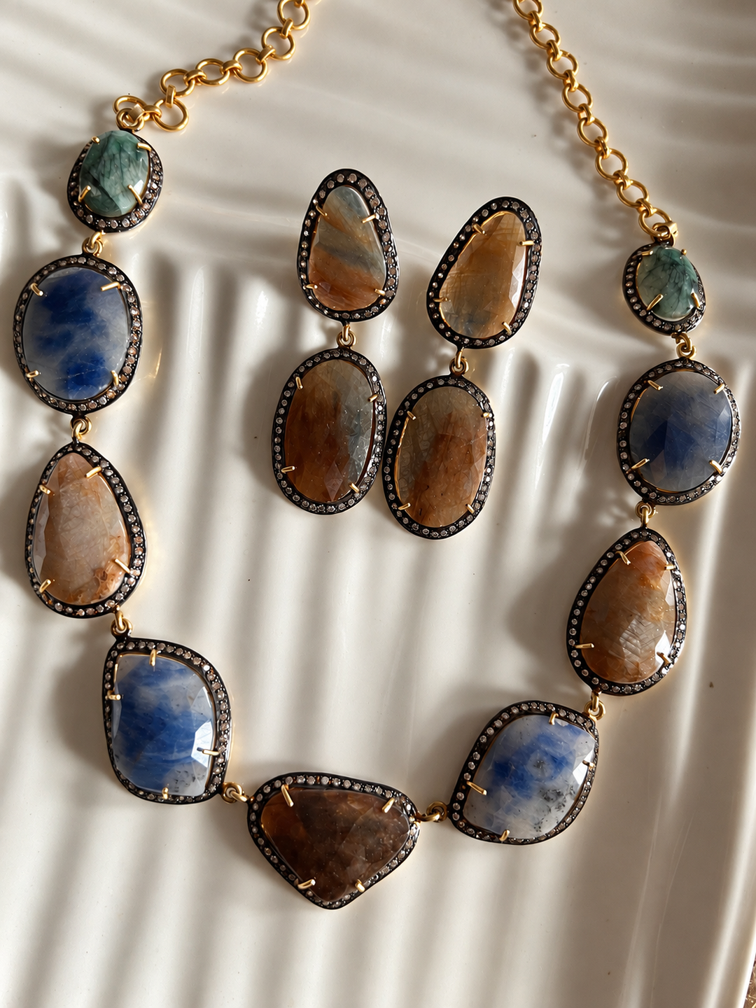 Gold-Plated Multi-Sapphire 925 Silver Necklace Set