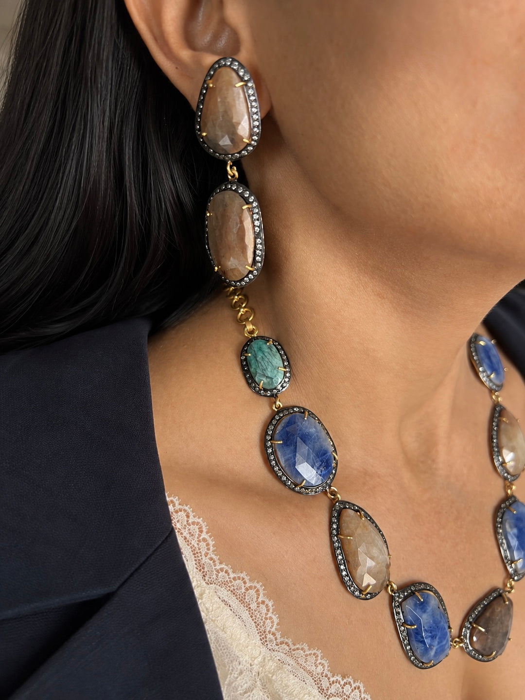 Gold-Plated Multi-Sapphire 925 Silver Necklace Set