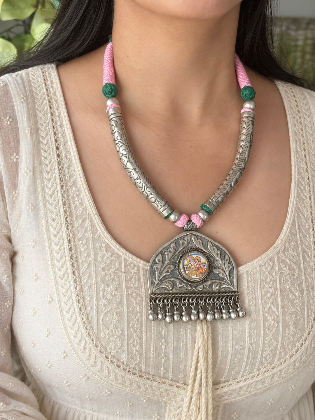 Hand-Painted Radha Krishna Tribal Pendant Necklace