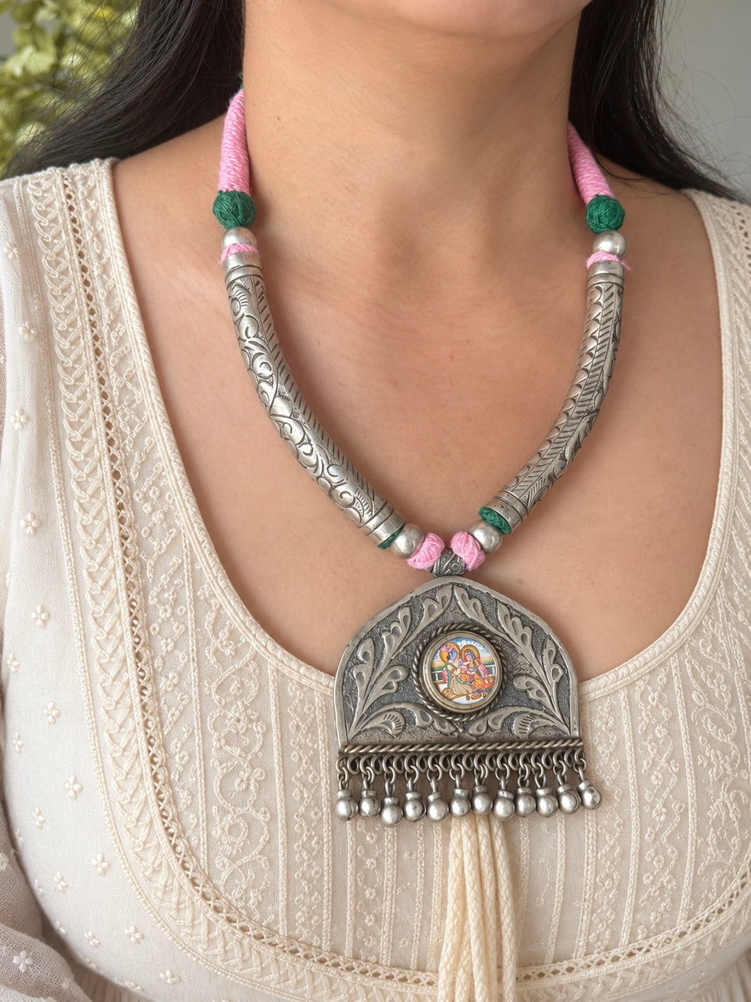 Hand-Painted Radha Krishna Tribal Pendant Necklace