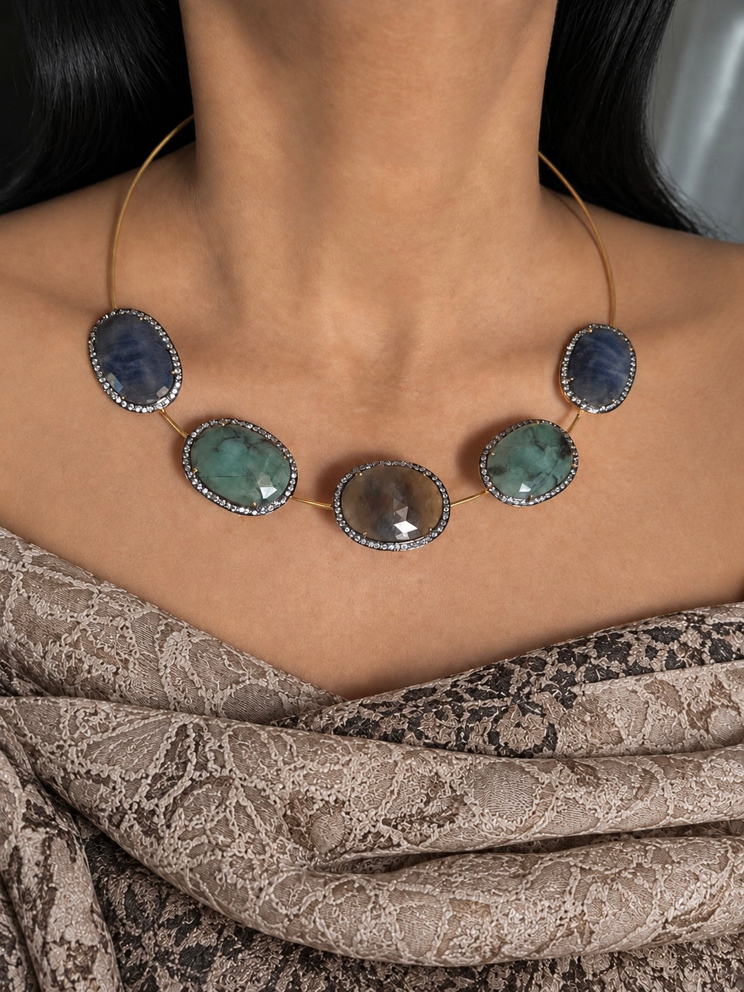Antique Gold Multi-Sapphire 925 Silver Hasli Set