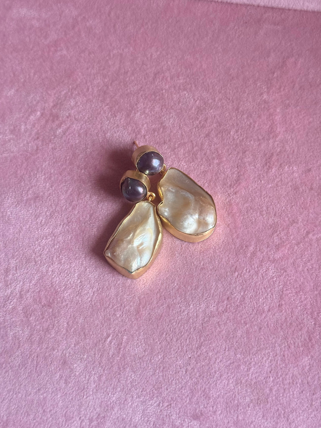 Handmade Labradorite & Pearl Statement Earrings | Brass Push Back Jewelry