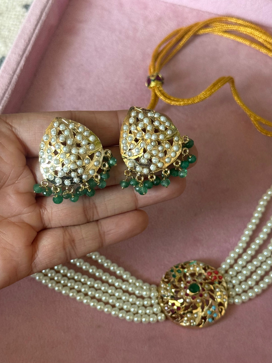 Statement Jadau Choker Necklace Set | 18k Gold Plated | Copper & Semi-Precious Stones