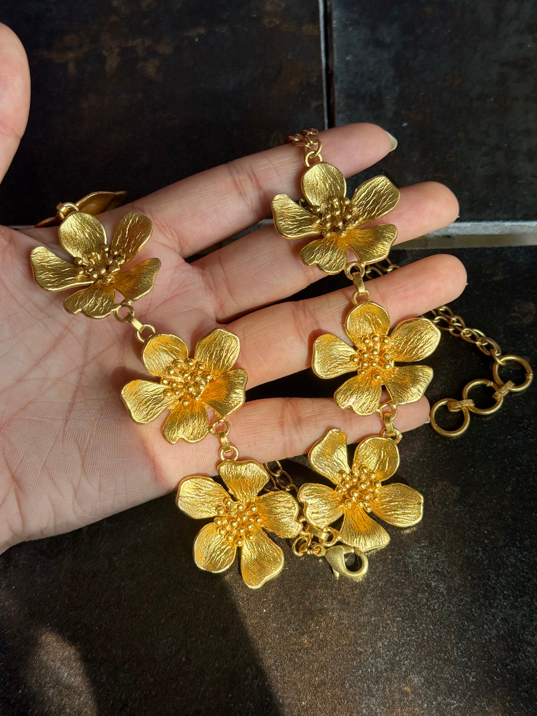 Handmade Flower Statement Necklace | Gold Polish Brass Adjustable Lobster Claw Jewelry