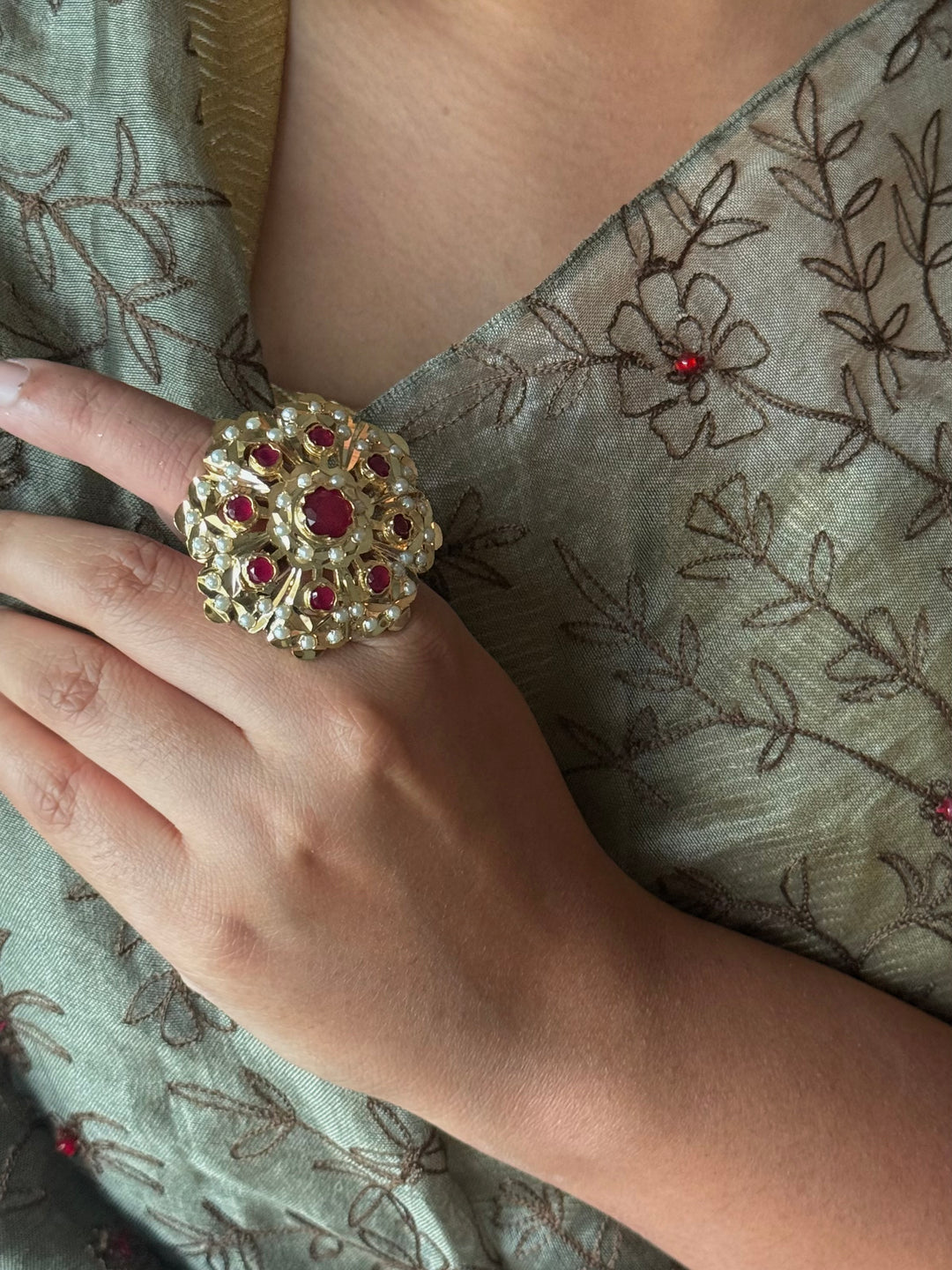 Statement Pearl and Ruby Jadau Ring | 18k Gold Plated | Copper & Semi-Precious Stones