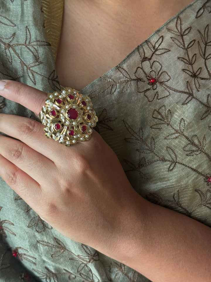 Statement Pearl and Ruby Jadau Ring | 18k Gold Plated | Copper & Semi-Precious Stones