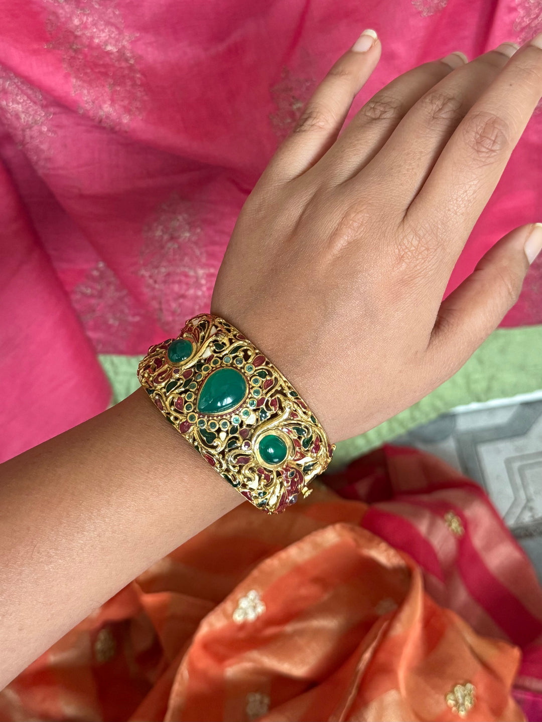 925 Silver Green Onyx Kada by SHIVKA, Gold Plated Bikaner Artisanal Enamel Bangle