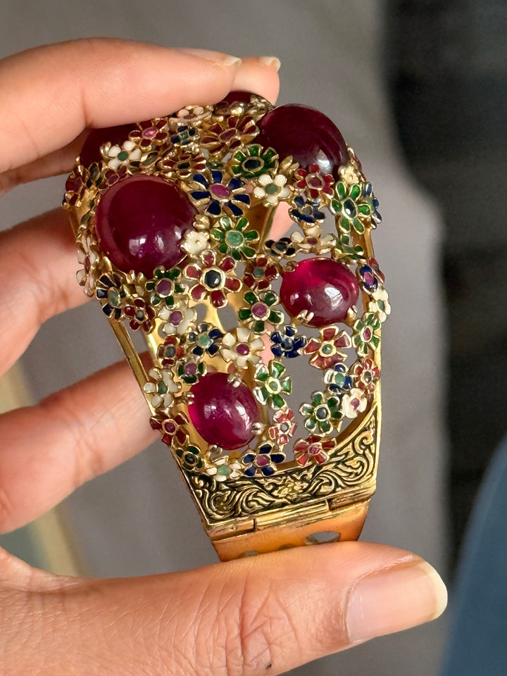 925 Silver Meenakari Ruby Kada by SHIVKA, Gold Plated Bikaner Artisanal Floral Openable Bangle