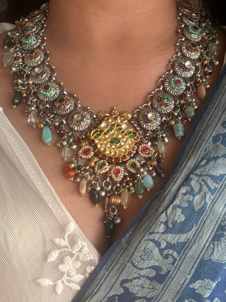 Handmade 925 Silver Fusion Gemstone Kundan Necklace Set | SHIVKA