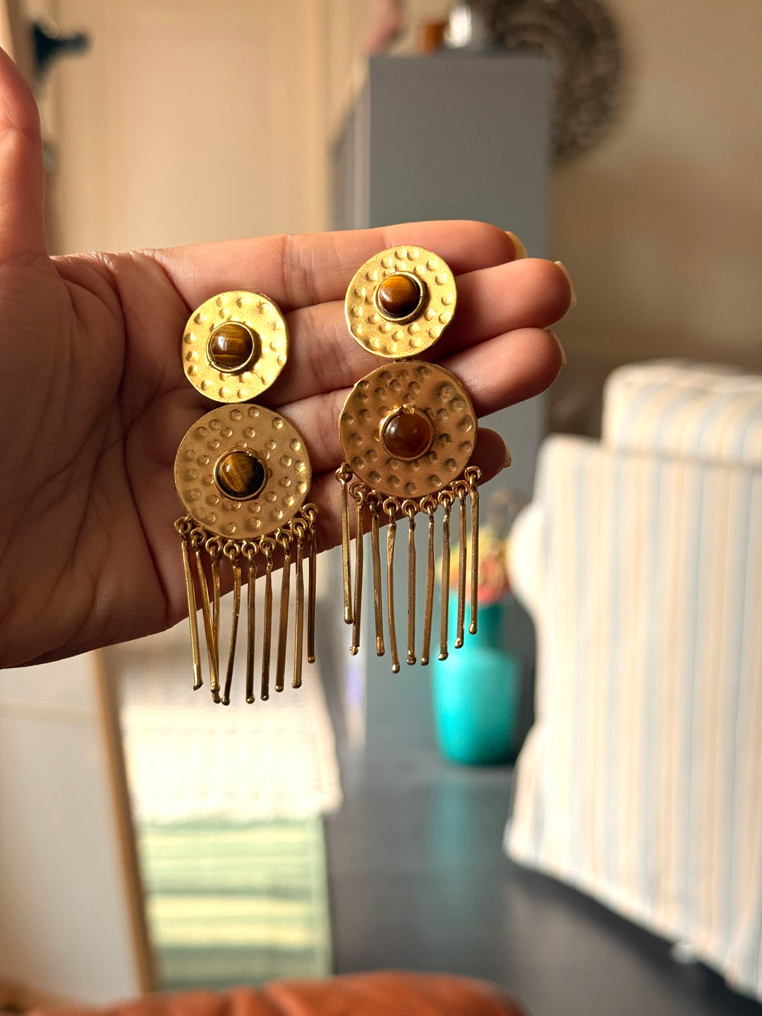 Handmade Brass Tiger Eye Statement Earrings | SHIVKA Jewelry