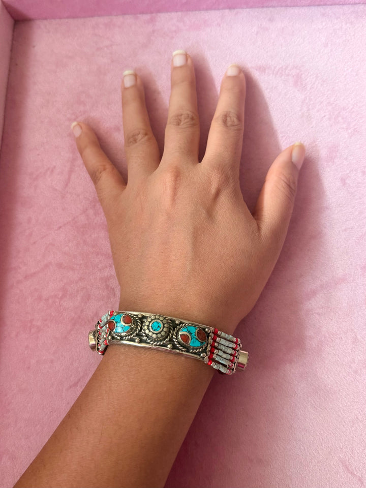 Handcrafted Turquoise and Coral German Silver Bracelet, Indian Jewelry