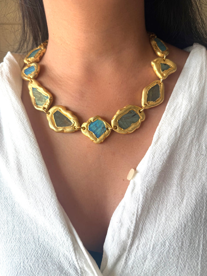 Handmade Raw Labradorite Gold Embedded Necklace | Adjustable Lobster Claw Brass Statement Jewelry
