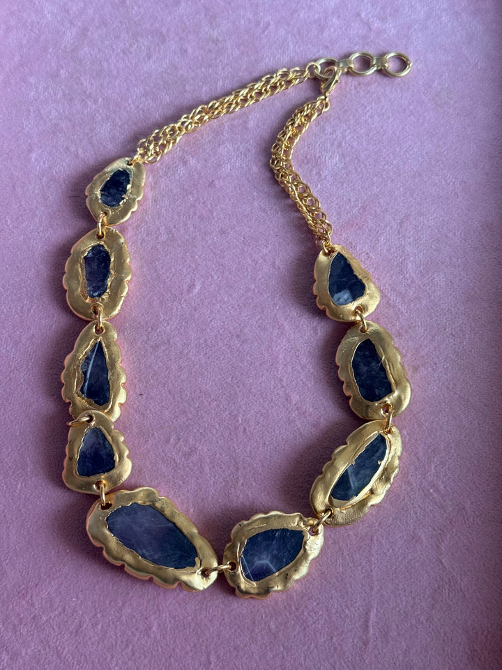 Handmade Raw Amethyst Gold Embedded Necklace | Adjustable Lobster Claw Brass Statement Jewelry