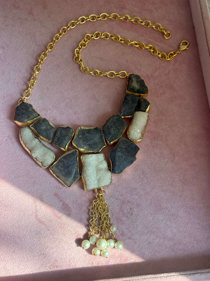 Handmade Raw Quartz & Pearl Necklace | Gold Polish Brass Adjustable Statement Jewelry