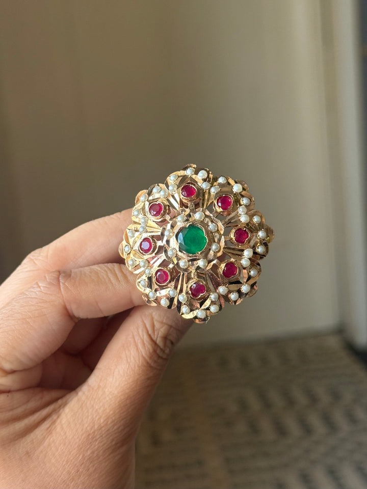 Statement Ruby and Emerald Jadau Ring | 18k Gold Plated | Copper & Semi-Precious Stones