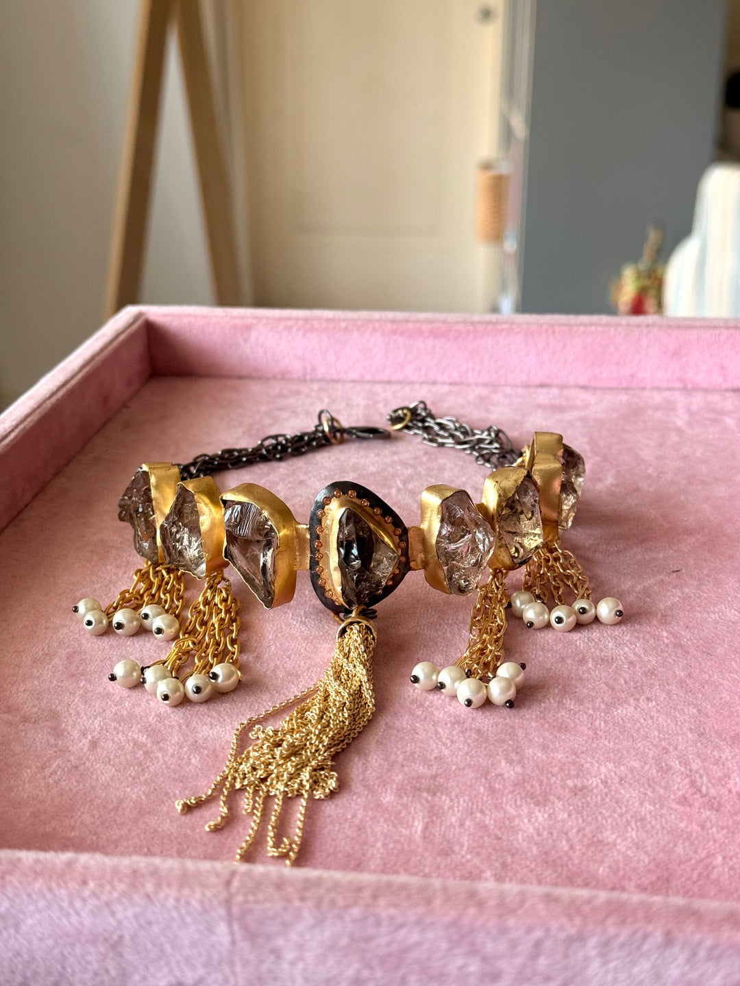 Handmade Raw Druzy Stone Statement Choker | Dual Tone Brass Adjustable Lobster Claw Necklace