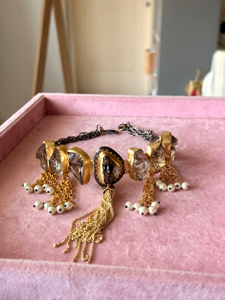 Handmade Raw Druzy Stone Statement Choker | Dual Tone Brass Adjustable Lobster Claw Necklace