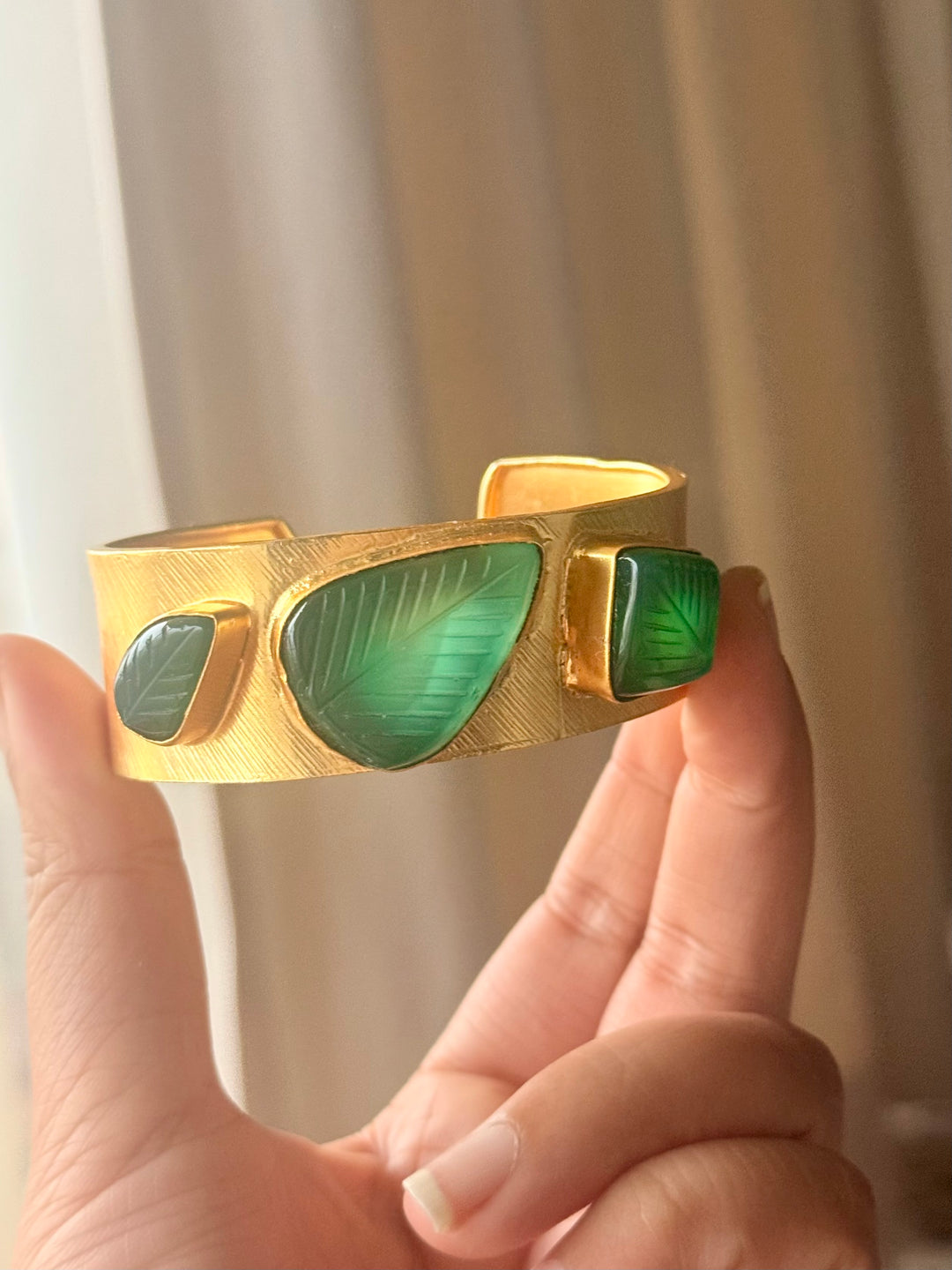 Exquisite Carved Green Onyx Stone Studded Brass Open Cuff - Unparalleled Quality and Style
