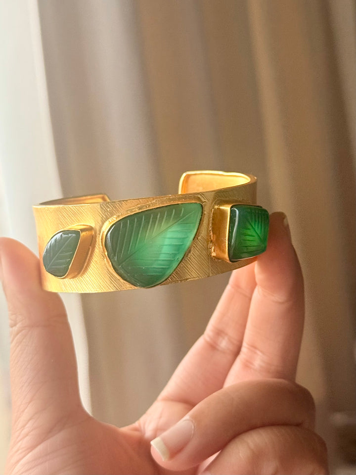 Exquisite Carved Green Onyx Stone Studded Brass Open Cuff - Unparalleled Quality and Style