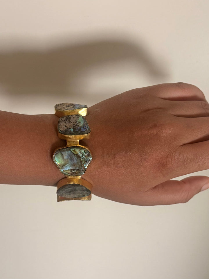 SHIVKA Designer Brass Abalone Cuff | Gold Polish | Natural Abalone Stones | Adjustable | 30g