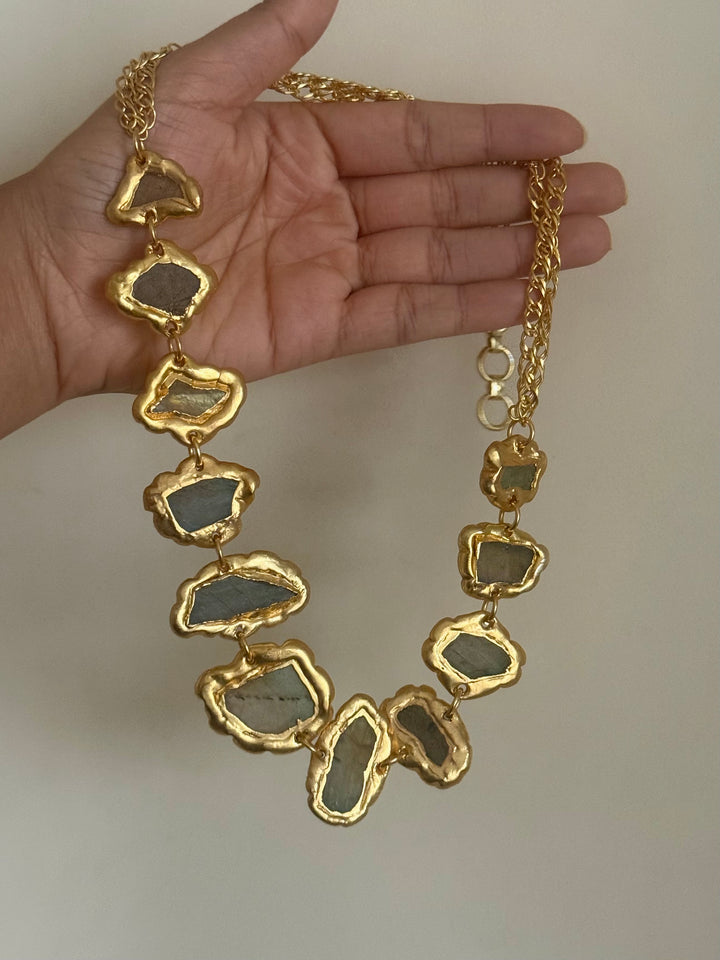 Handmade Raw Labradorite Gold Embedded Necklace | Adjustable Lobster Claw Brass Statement Jewelry
