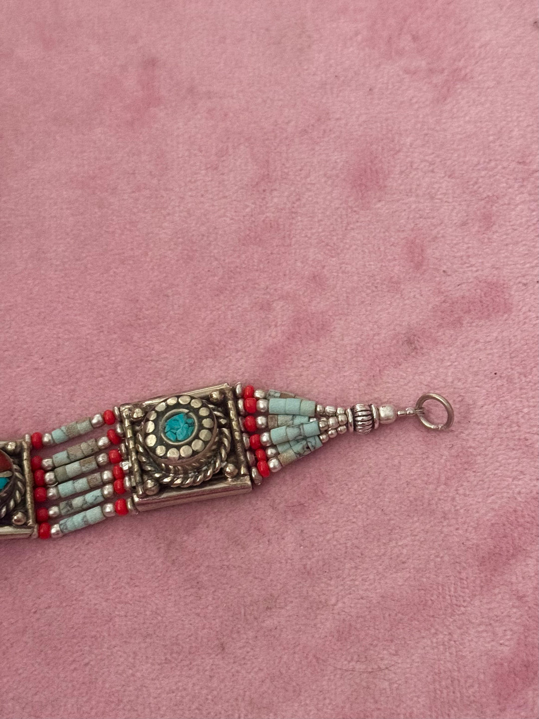 Handcrafted Turquoise and Coral German Silver Bracelet, Indian Jewelry