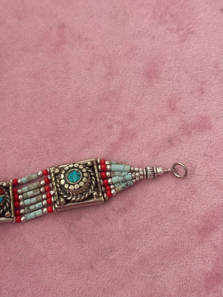 Handcrafted Turquoise and Coral German Silver Bracelet, Indian Jewelry