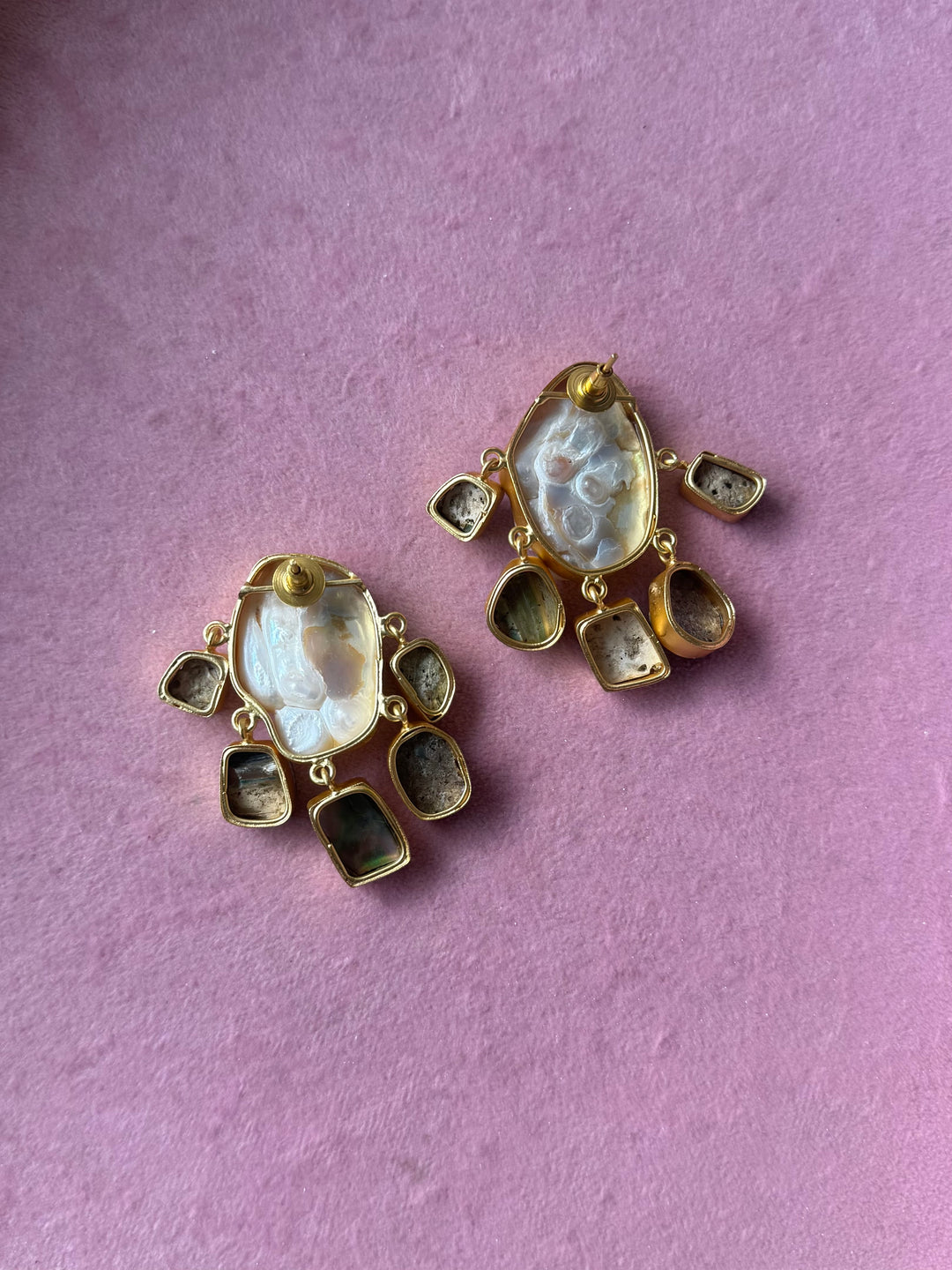 Handmade Brass Earrings with Abalone Shell & Baroque Pearls | Modern Gold Polish Statement Earrings by SHIVKA