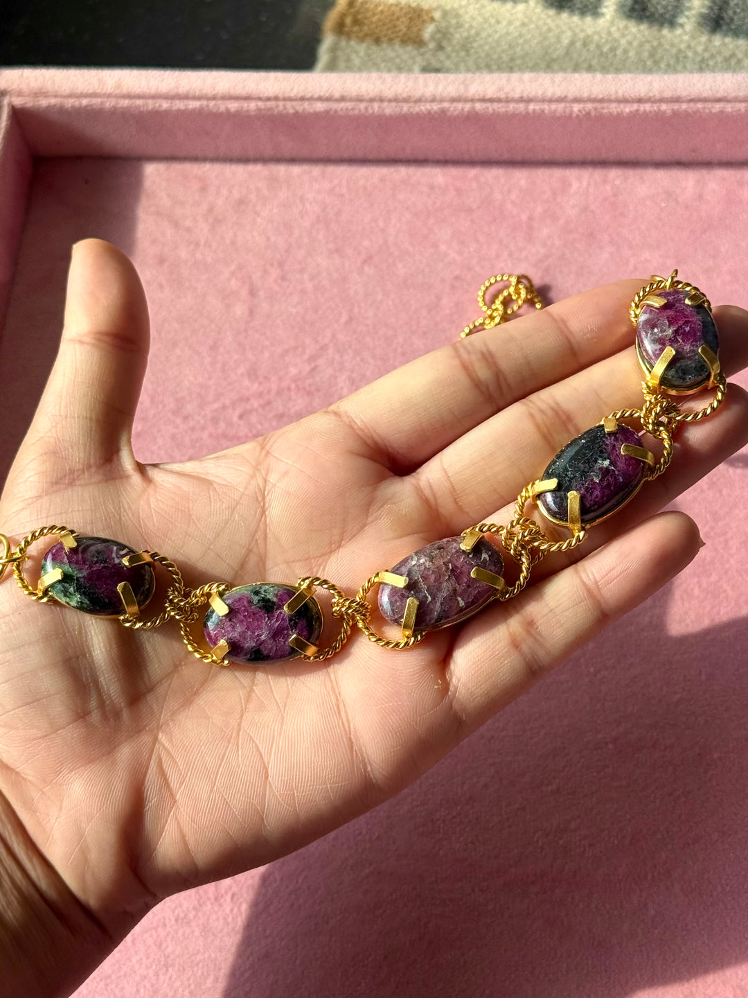 Natural Ruby-in-Zoisite Gemstone Choker – Gold Brass, Adjustable Necklace