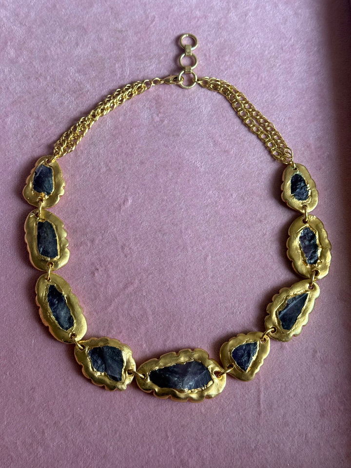 Handmade Raw Amethyst Gold Embedded Necklace | Adjustable Lobster Claw Brass Statement Jewelry