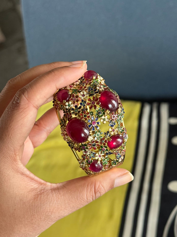 925 Silver Meenakari Ruby Kada by SHIVKA, Gold Plated Bikaner Artisanal Floral Openable Bangle