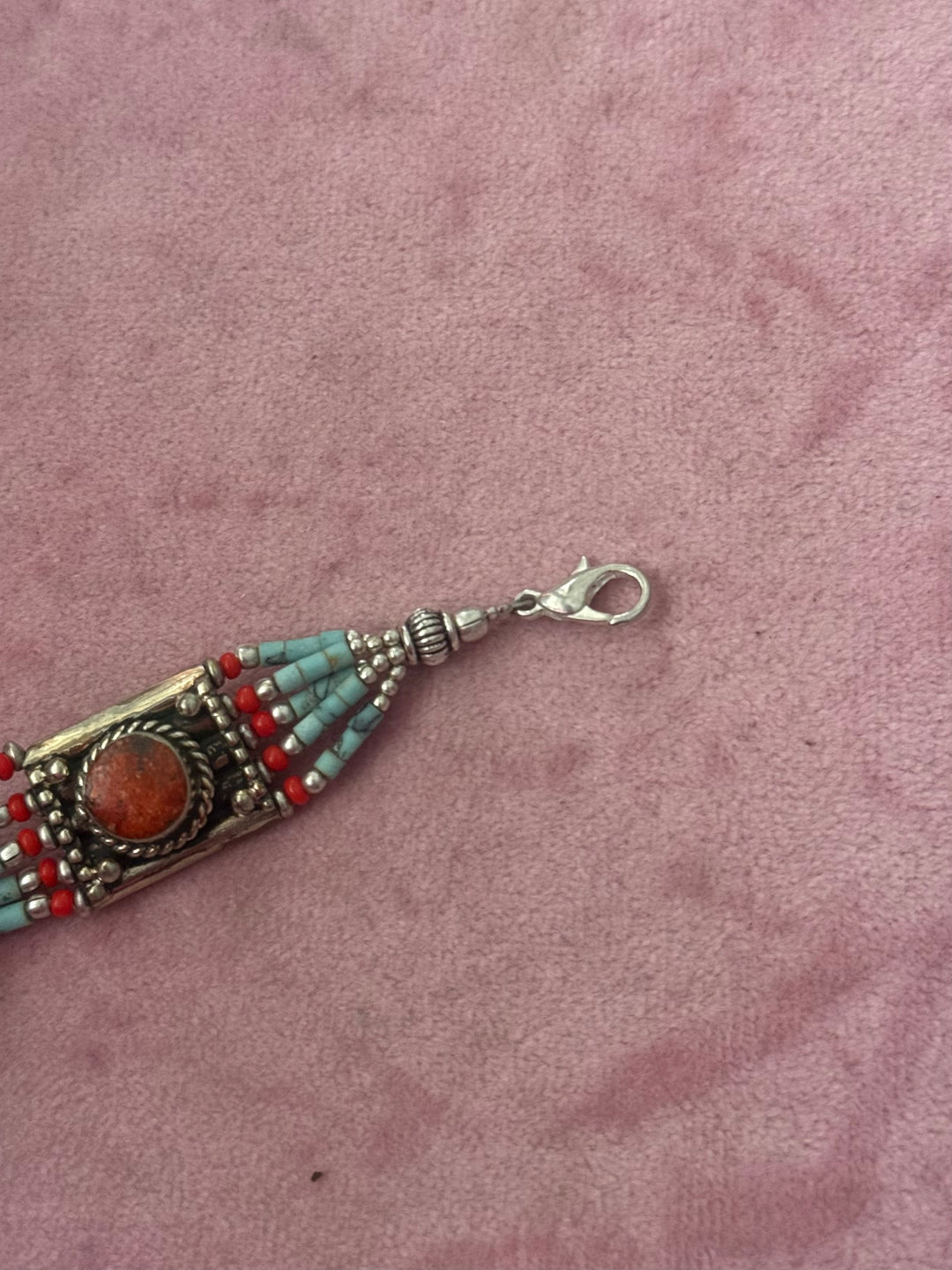 Handcrafted Turquoise and Coral German Silver Bracelet, Indian Jewelry