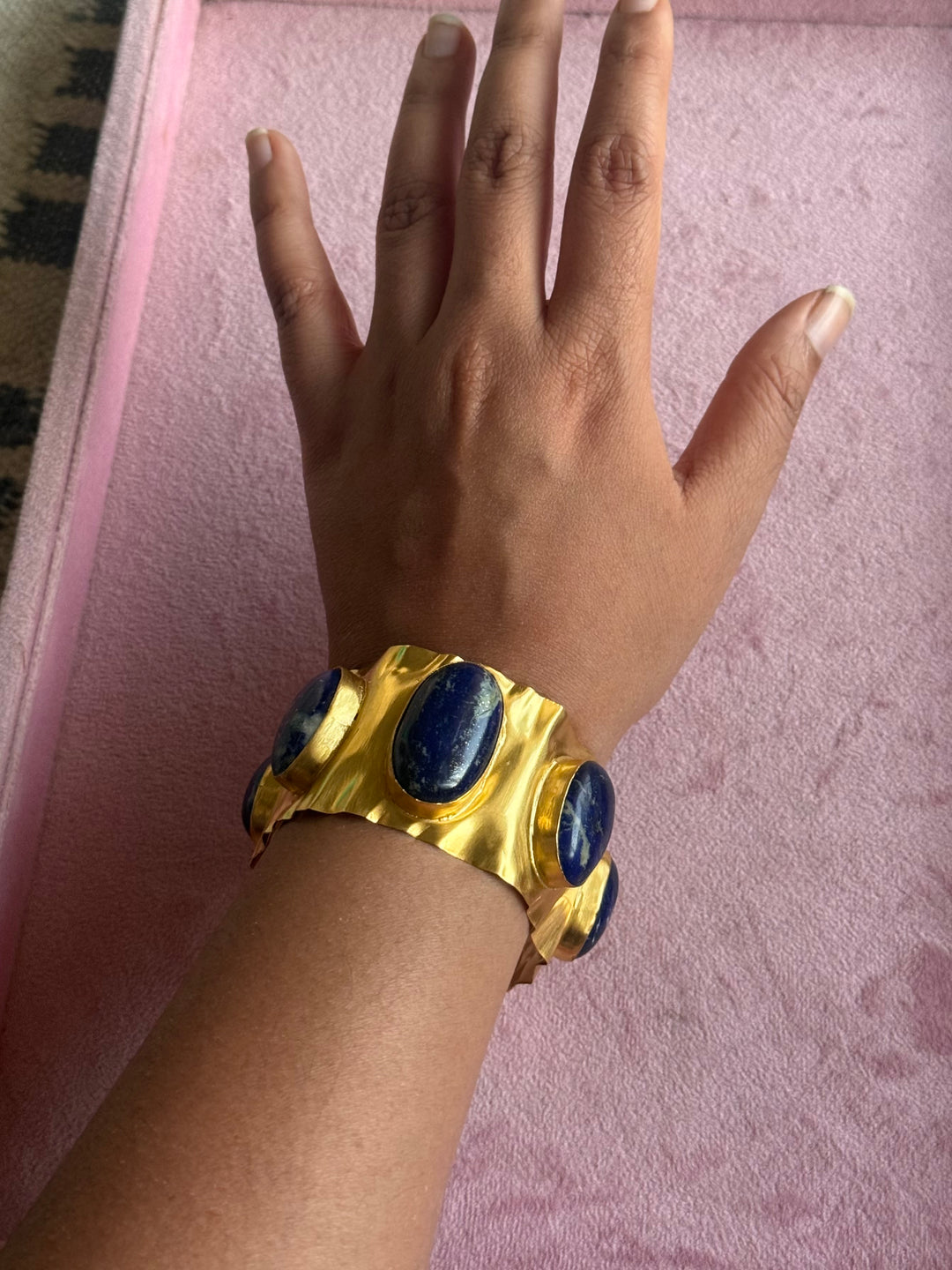 SHIVKA Designer Lapis Lazuli Stone Brass Cuff | Adjustable Open Bracelet | Statement Festive Wear | 50g