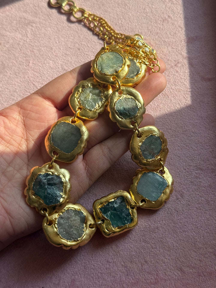 Handmade Raw Stone Gold Embedded Necklace | Adjustable Lobster Claw Brass Statement Jewelry