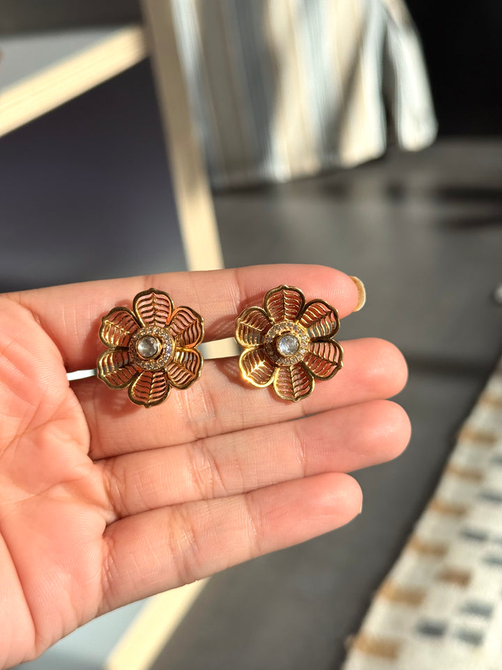 925 Silver Polki Studs | SHIVKA | Antique Gold CZ Festive Elegance