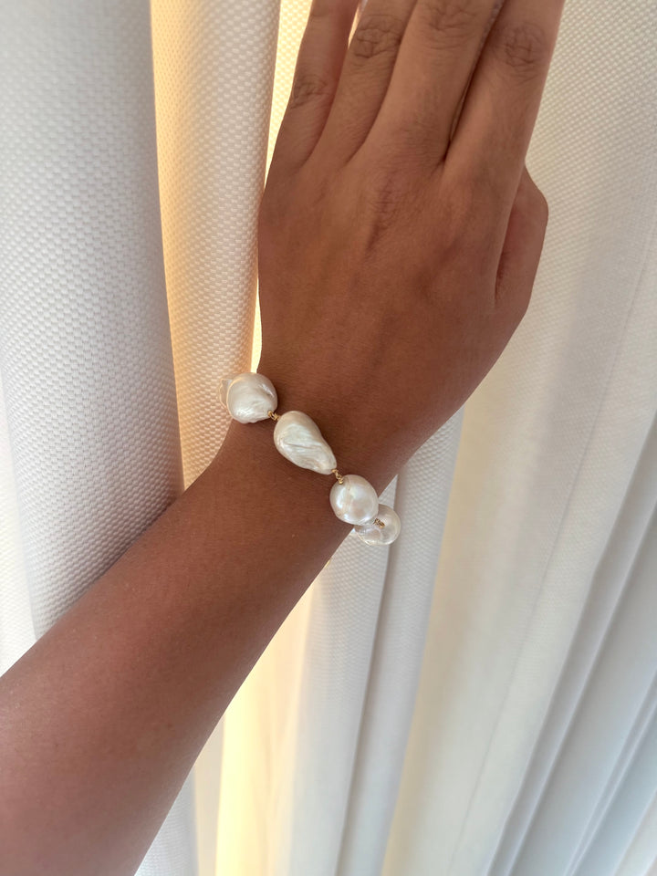 Handmade Baroque Pearl Statement Bracelet | Gold Polish Brass Toggle Clasp Jewelry
