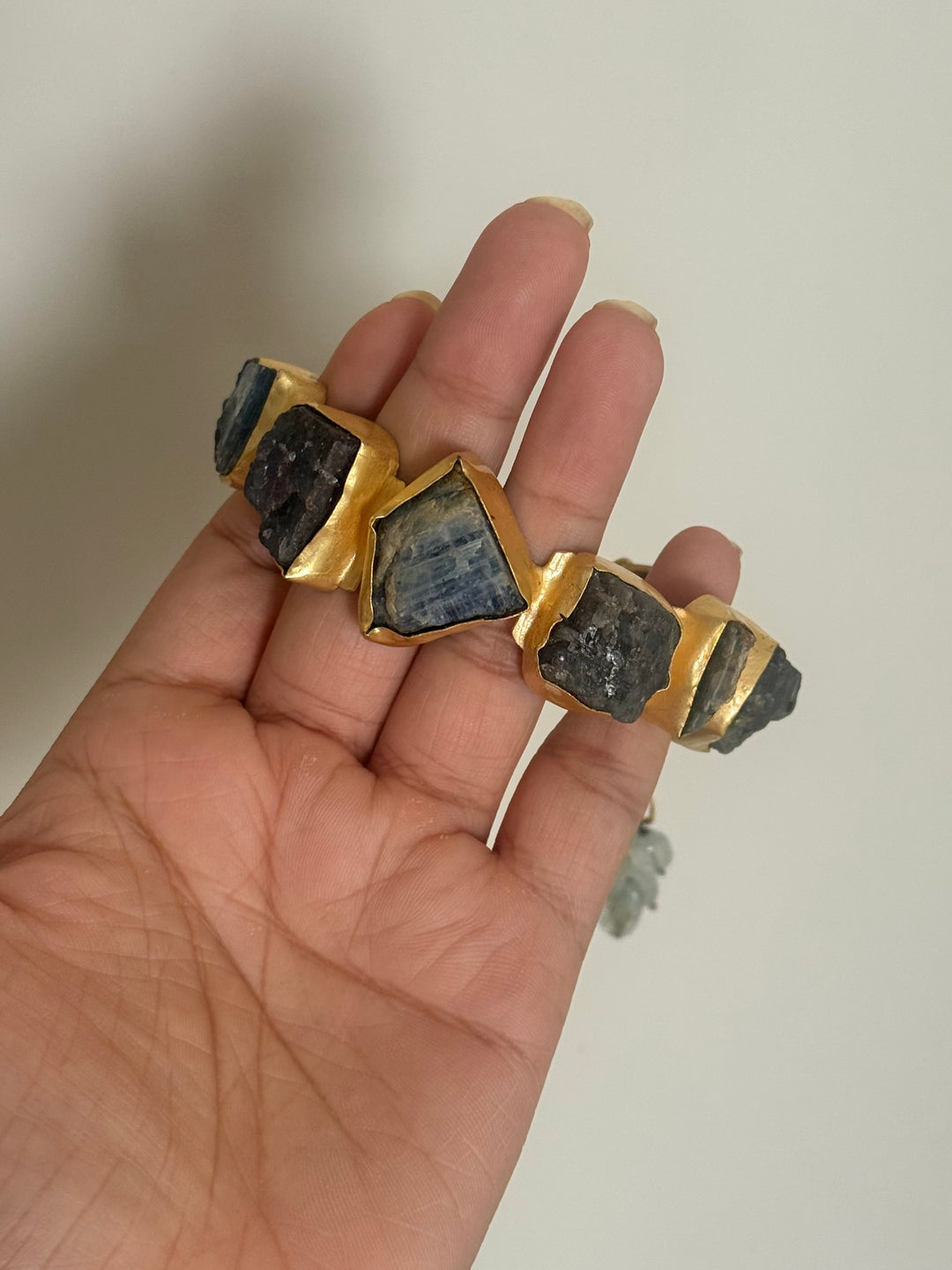 SHIVKA Designer Brass Tassel Cuff | Raw Druzy Chalcedony Stones | Gold Polish | 72g