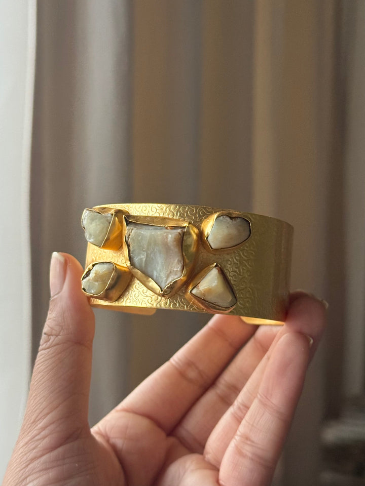 Exquisite White Raw Opal Stone Studded Brass Open Cuff - Unparalleled Quality and Style