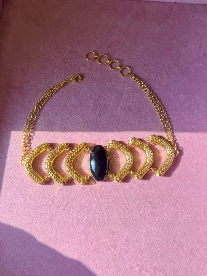 Black Onyx Gemstone Choker – Gold Brass, Adjustable Necklace